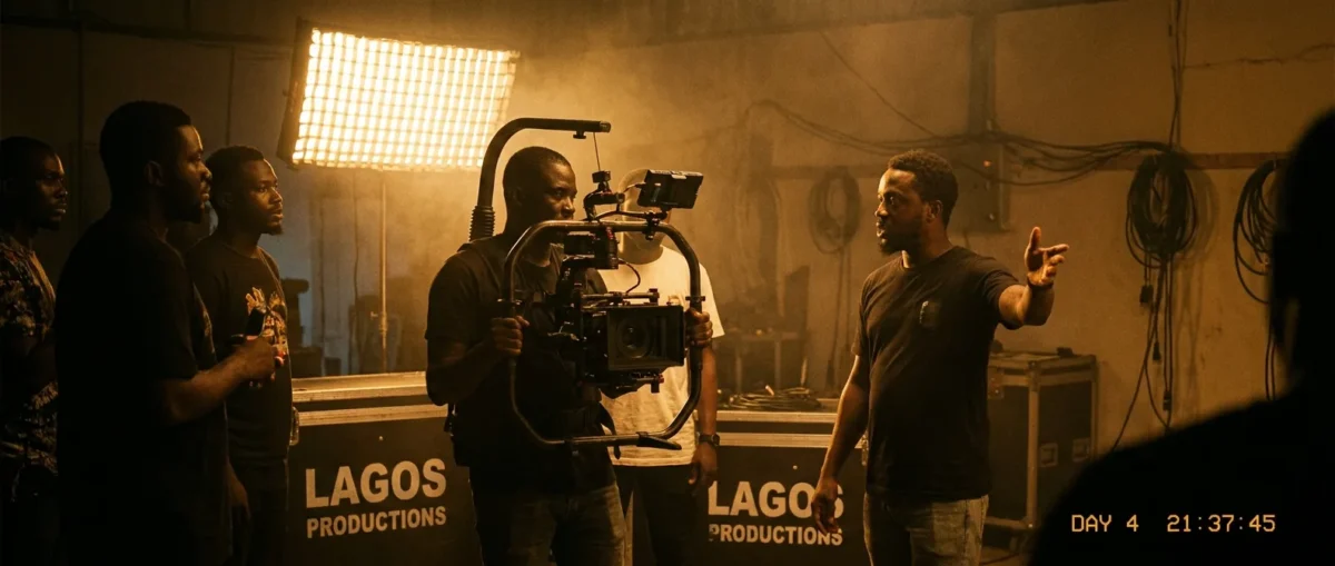 Film production set with professional cinema camera