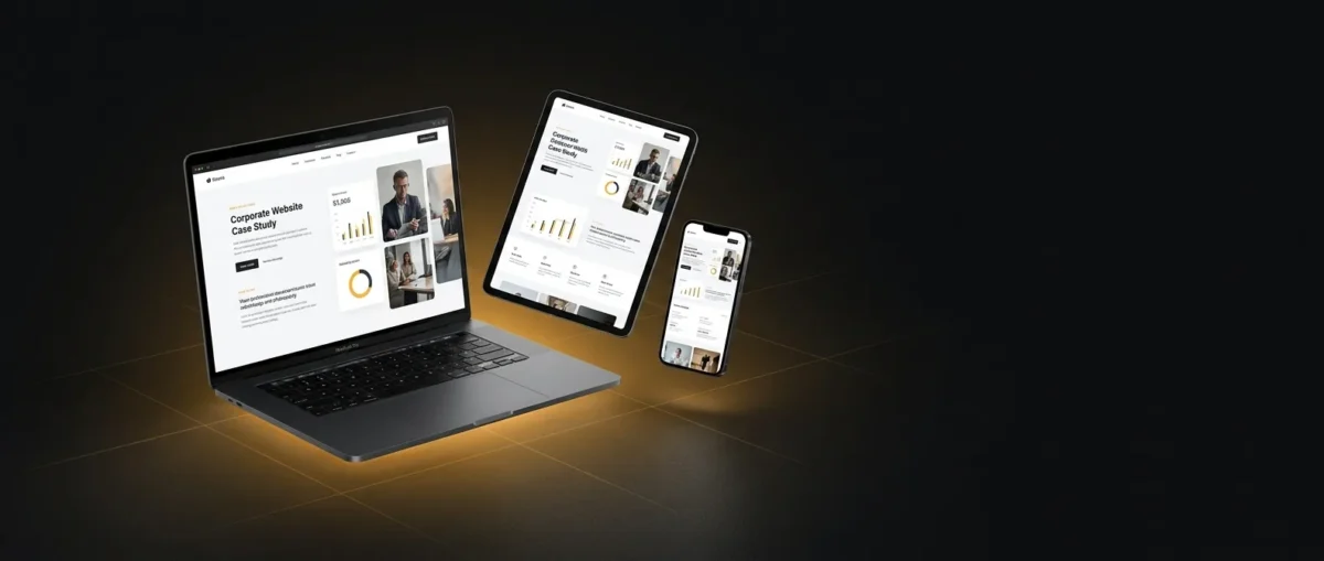 Responsive website shown across desktop, tablet and mobile